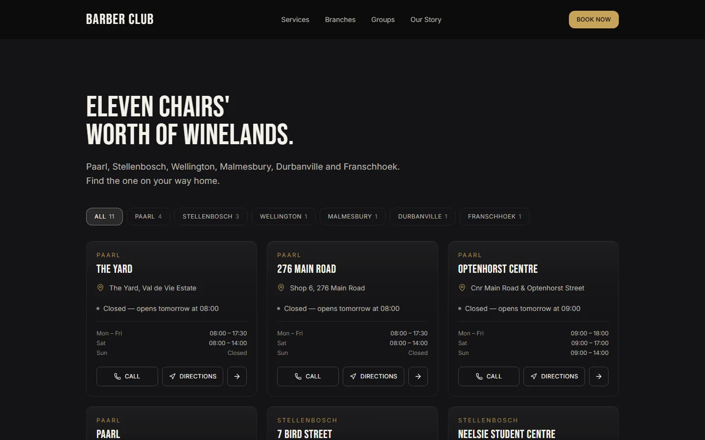 The branches page of the Barber Club rebuild: a heading reading “Eleven chairs’ worth of Winelands”, filter buttons for six towns, and a card for each shop with its hours