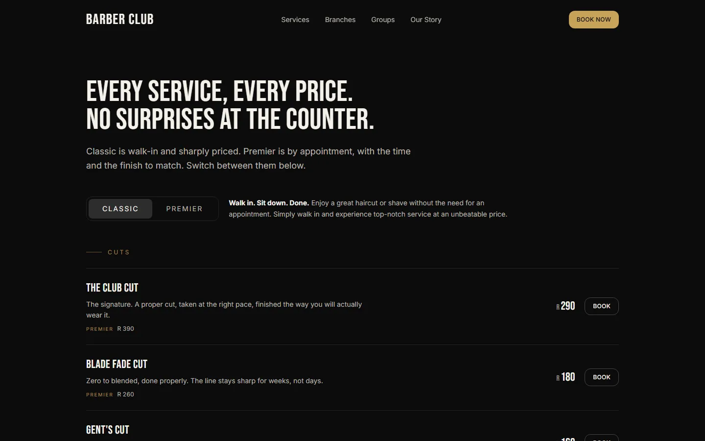 The services page of the Barber Club rebuild: a toggle between Classic and Premier above a list of cuts, each with its price