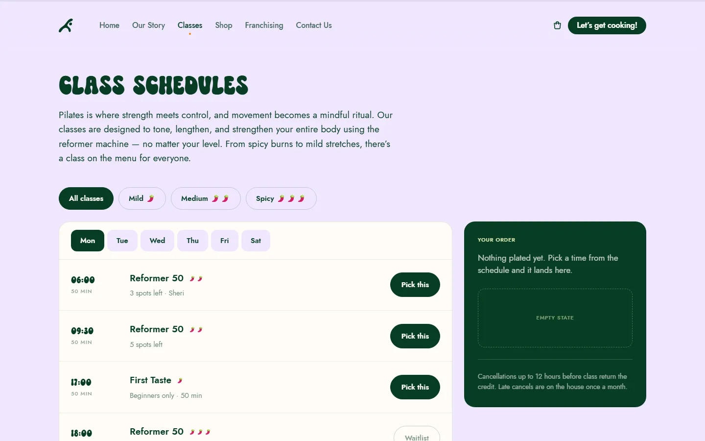 The Kitchen class schedules page: filters for mild, medium and spicy, a row of weekdays, and a list of reformer classes with their times